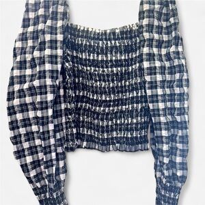 H&M Womens M Black and White check plaid Victorian Puff Sleeve Smocked blouse